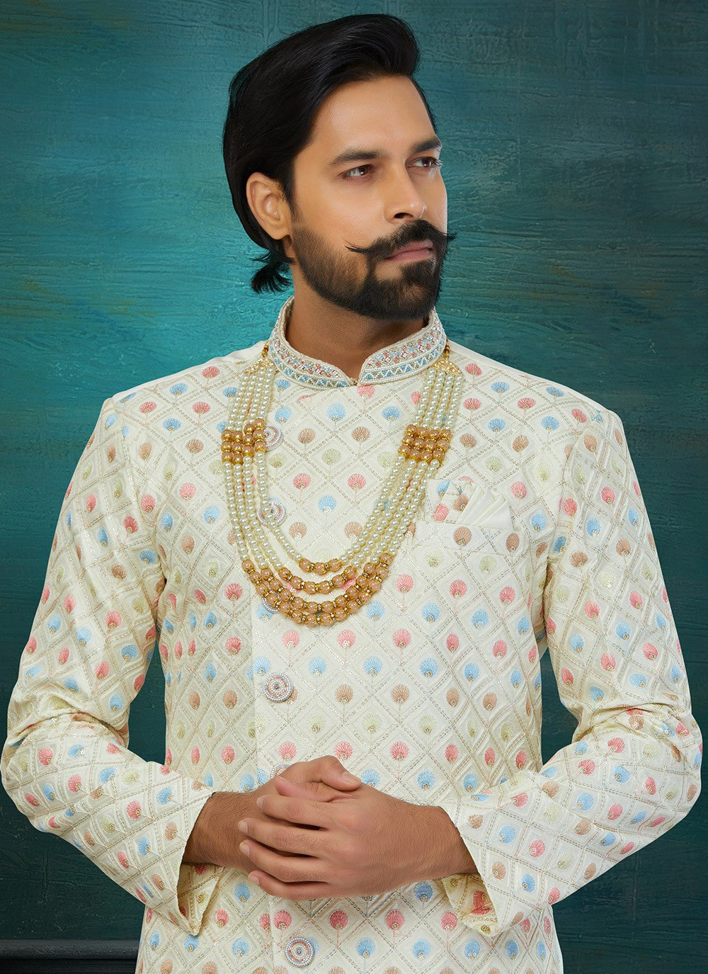 Chikankari Work Lucknowi Cream, Multi Colour Indo Western Sherwani - M5815