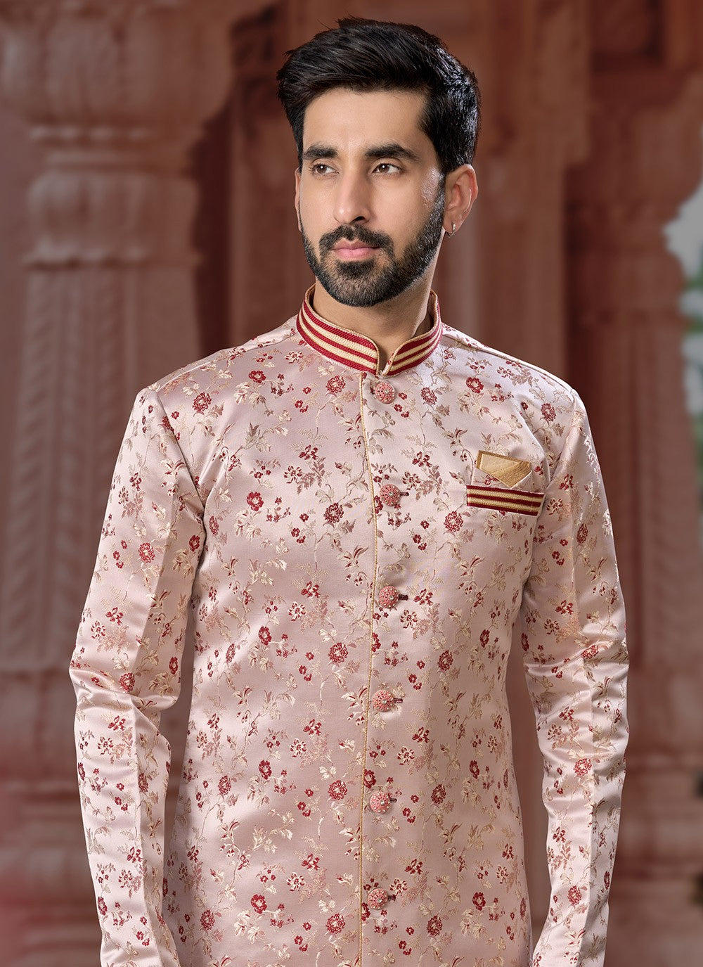 Fancy Work Banarasi Jacquard Mauve Indo Western Sherwani - M7149
