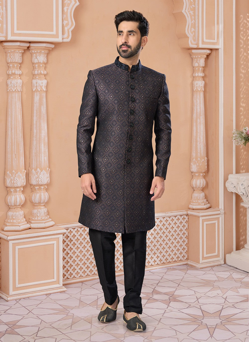 Fancy Work Jacquard Multi Colour Indo Western Sherwani - M6912