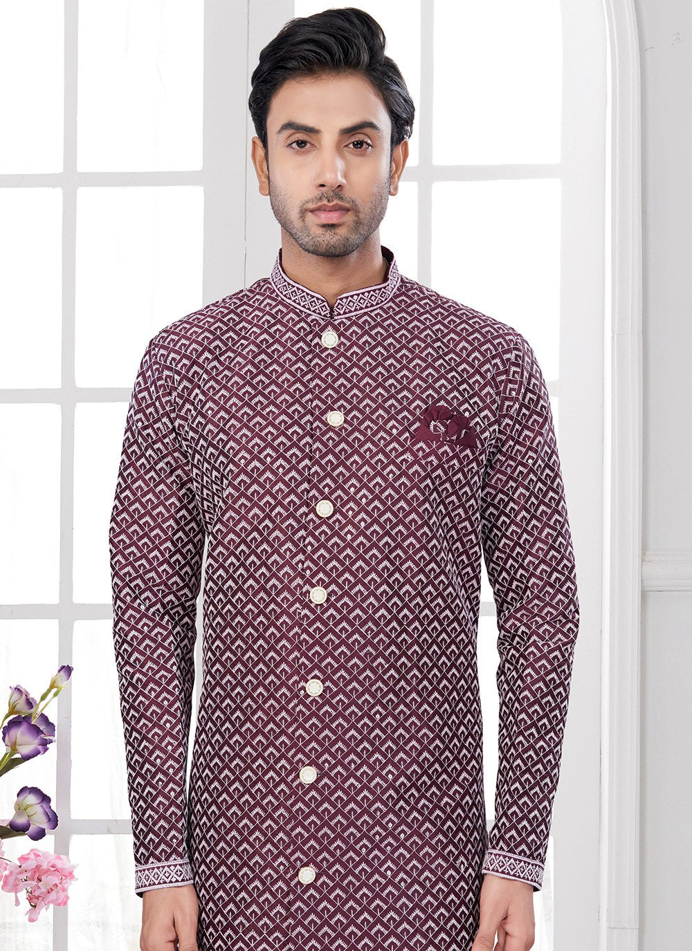 Buttons Imported, Silk Wine Indo Western Sherwani - M8612