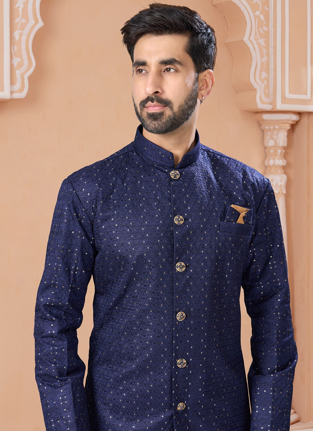 Embroidered Banglori Silk Navy Blue Indo Western Sherwani - M6898