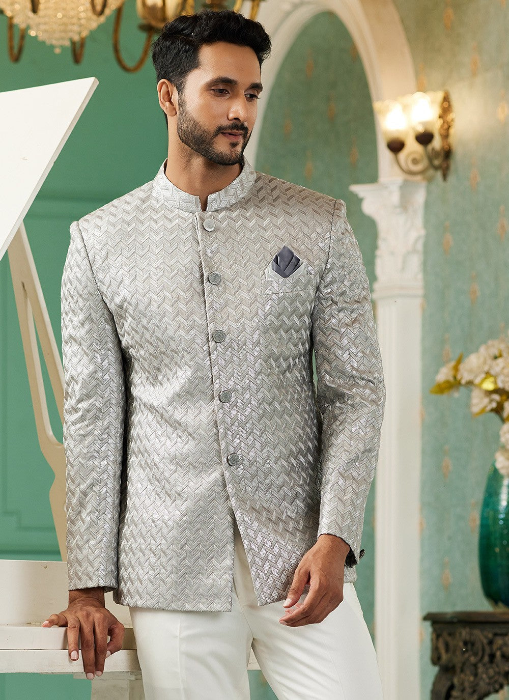 Machine Embroidery Art Silk Grey Indo Western - M6432