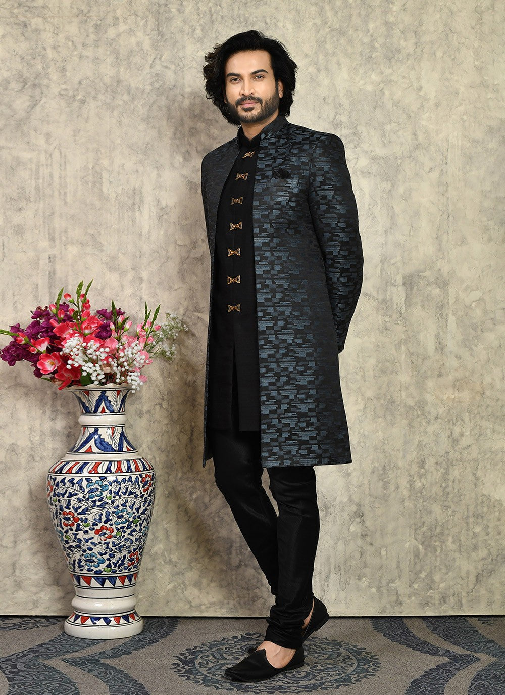 Buttons Art Silk Grey Indo Western - M8022