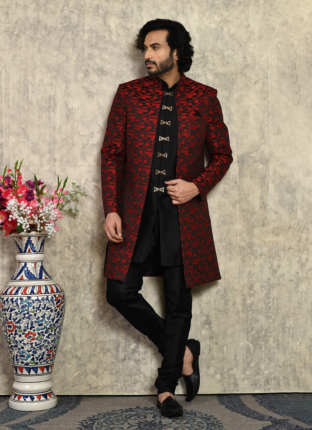 Buttons Art Silk Maroon Indo Western - M8020