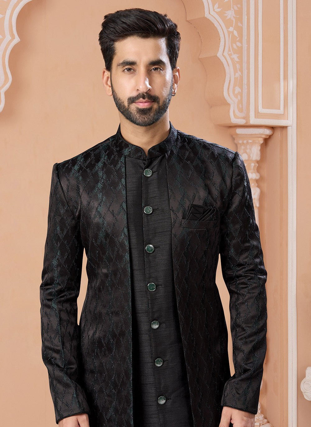 Fancy Work Jacquard Black Indo Western Sherwani - M7160
