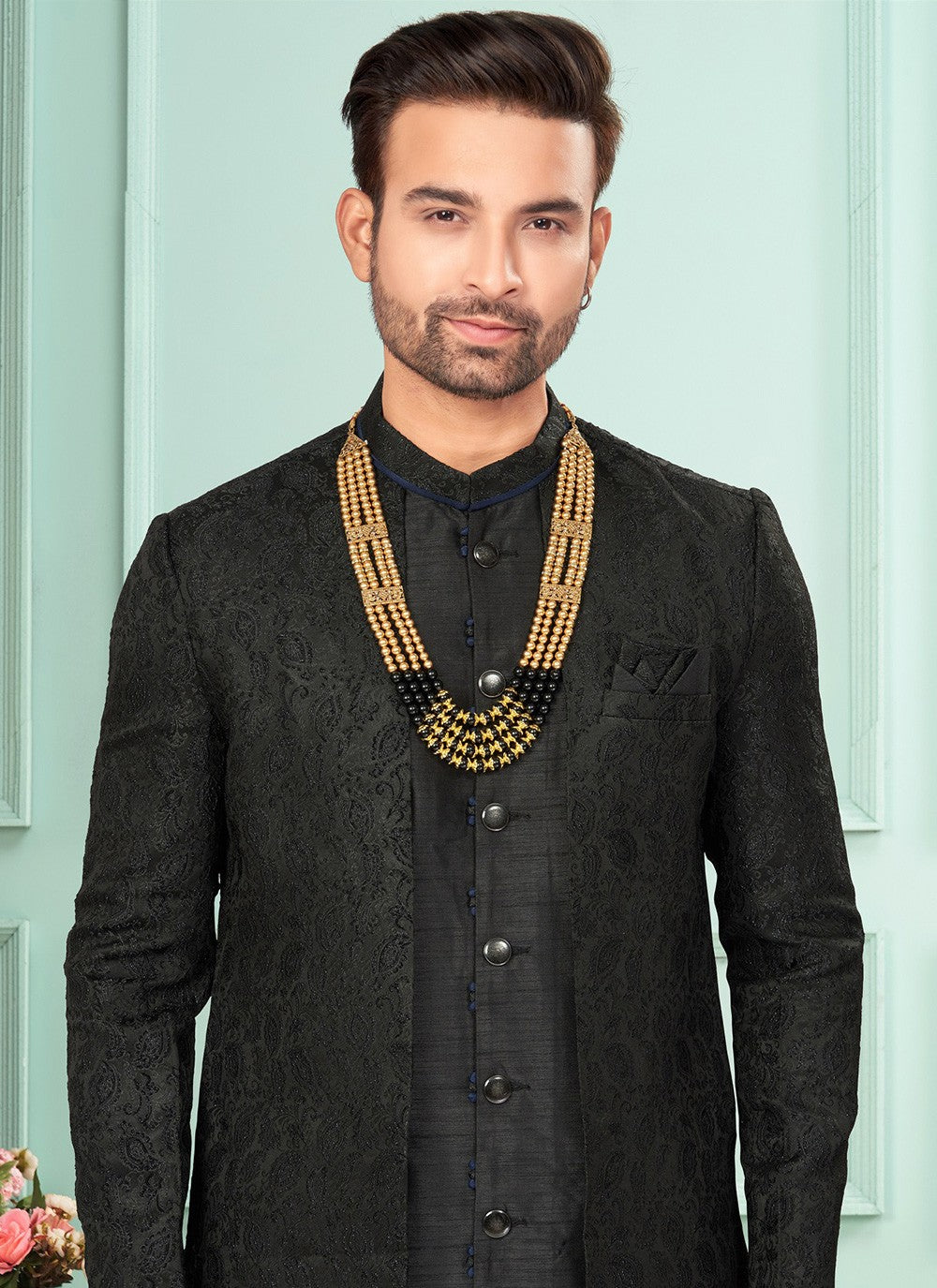 Embroidered Jacquard Black Indo Western - M7276