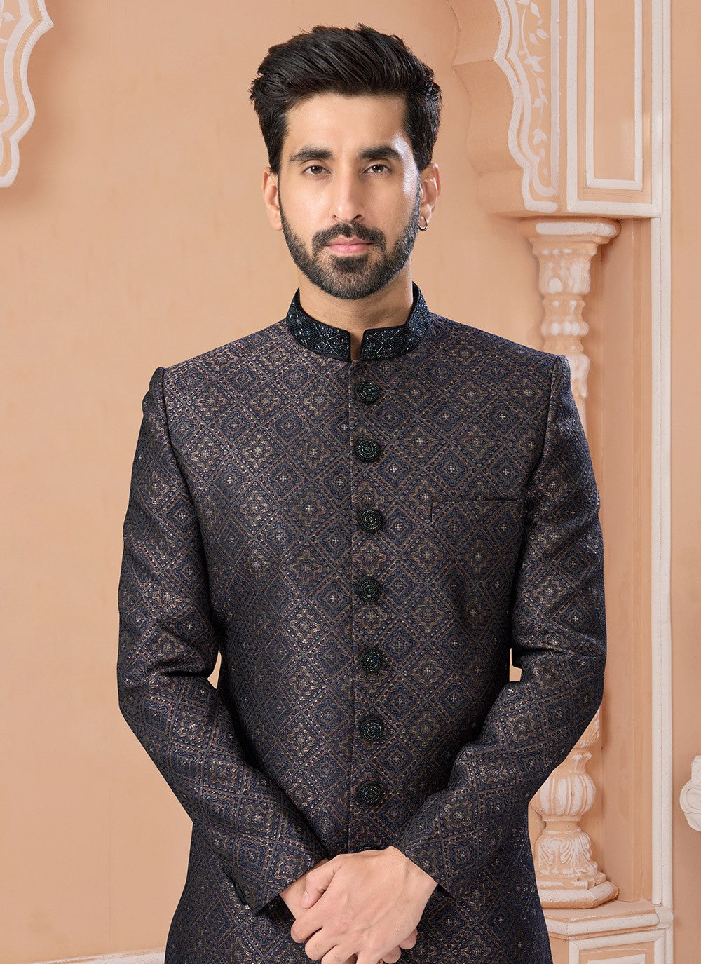 Embroidered Jacquard Black Indo Western Sherwani - M7148