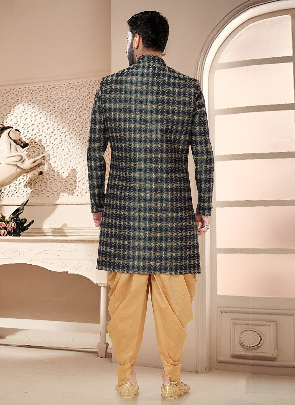 Woven Jacquard Blue, Green Sherwani - M7532