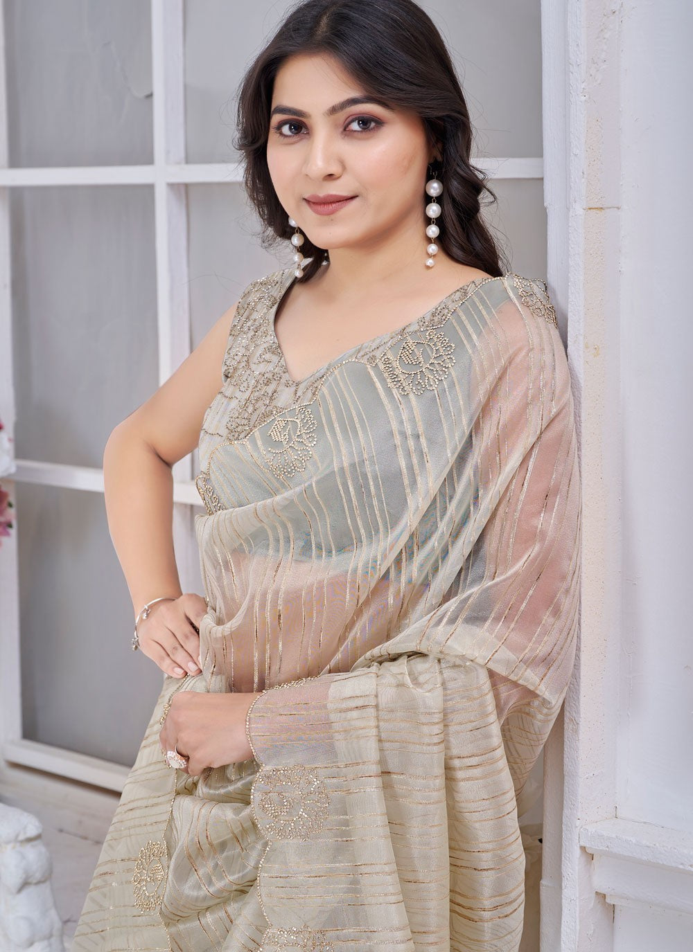Cut Work Jacquard Beige Designer Saree S14971