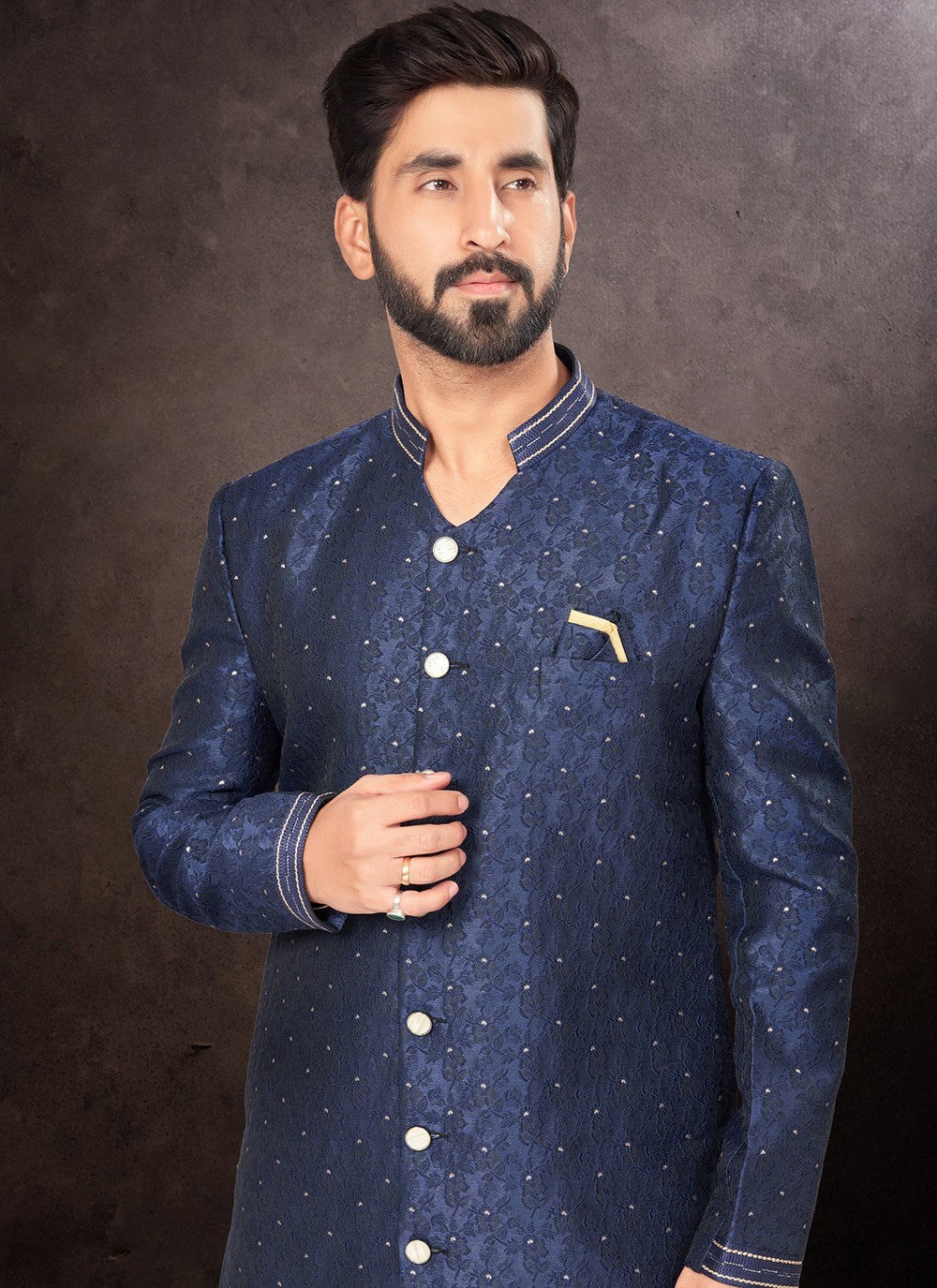 Embroidered Jacquard Blue Indo Western - M7244