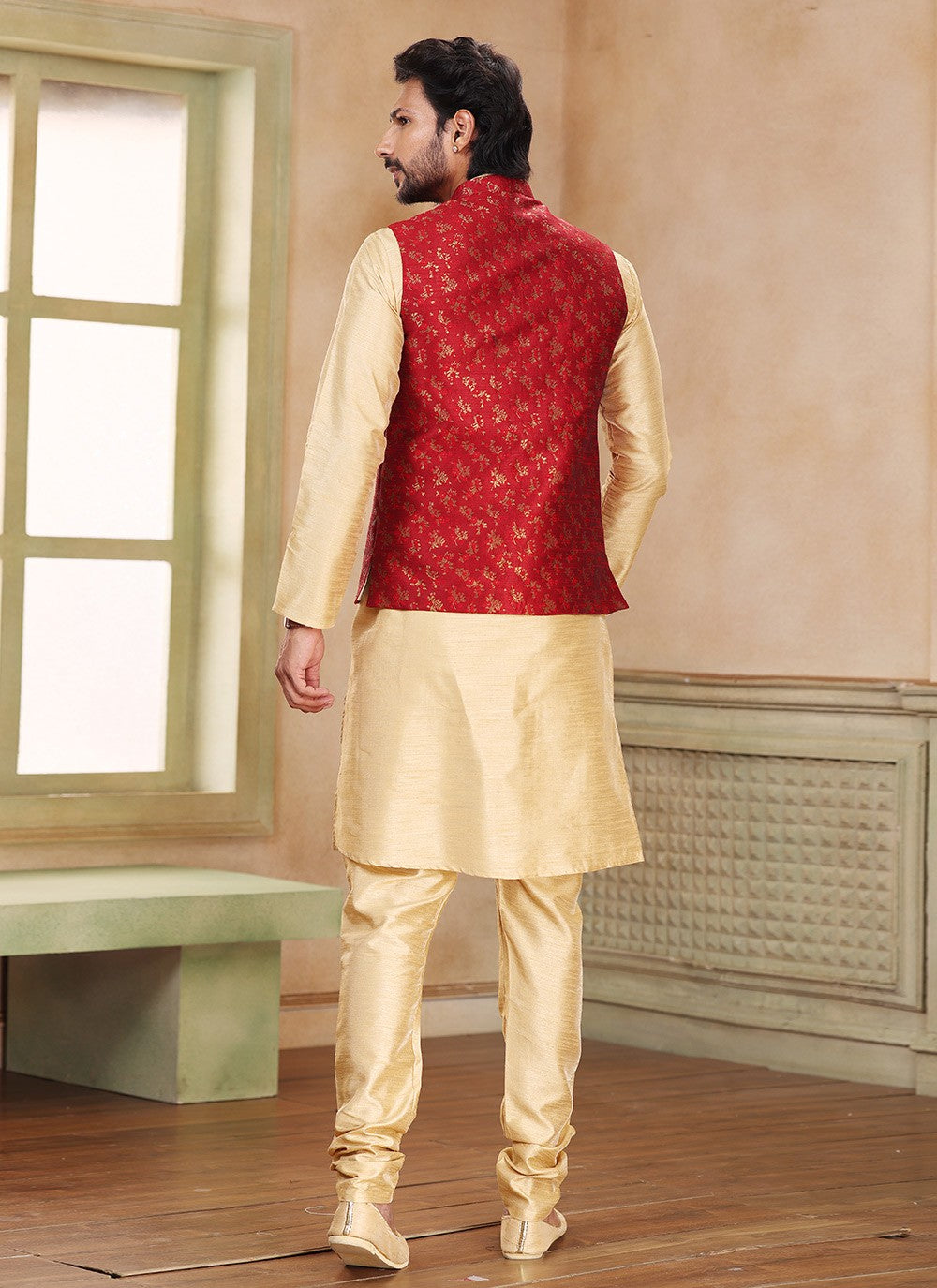 Fancy Work Banarasi Silk, Jacquard Beige, Maroon Kurta Payjama With Jacket - M5368