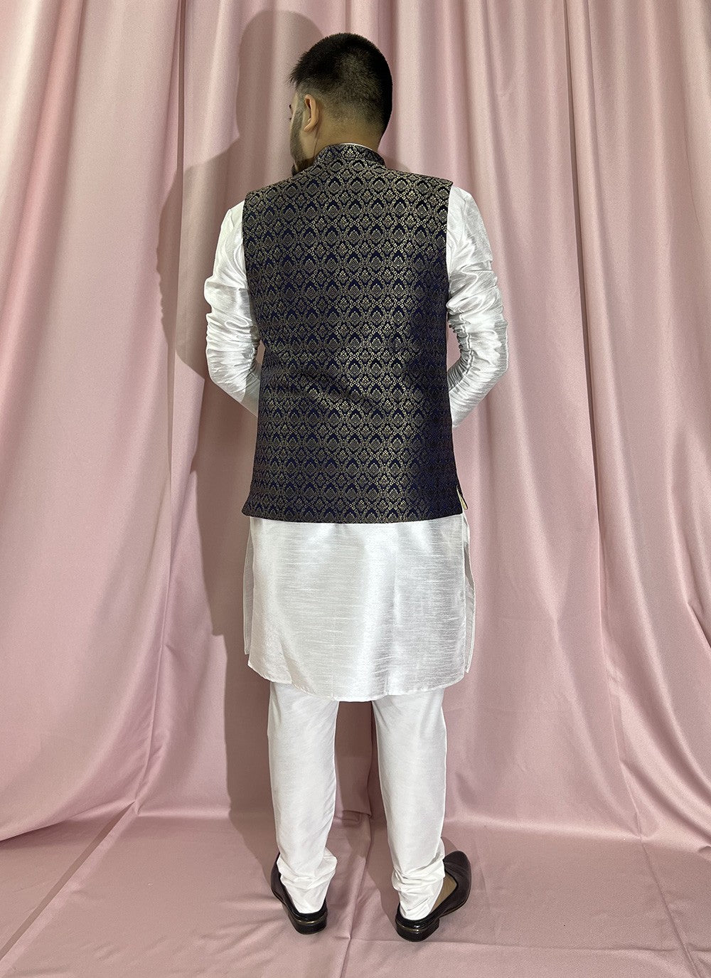 Fancy Work Jacquard, Silk Blue, White Kurta Payjama With Jacket - M5887