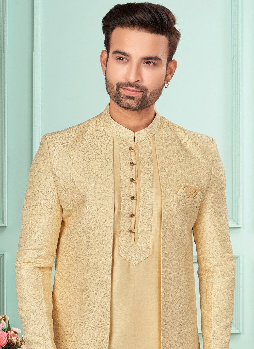 Fancy Work Jacquard Cream Indo Western - M7268