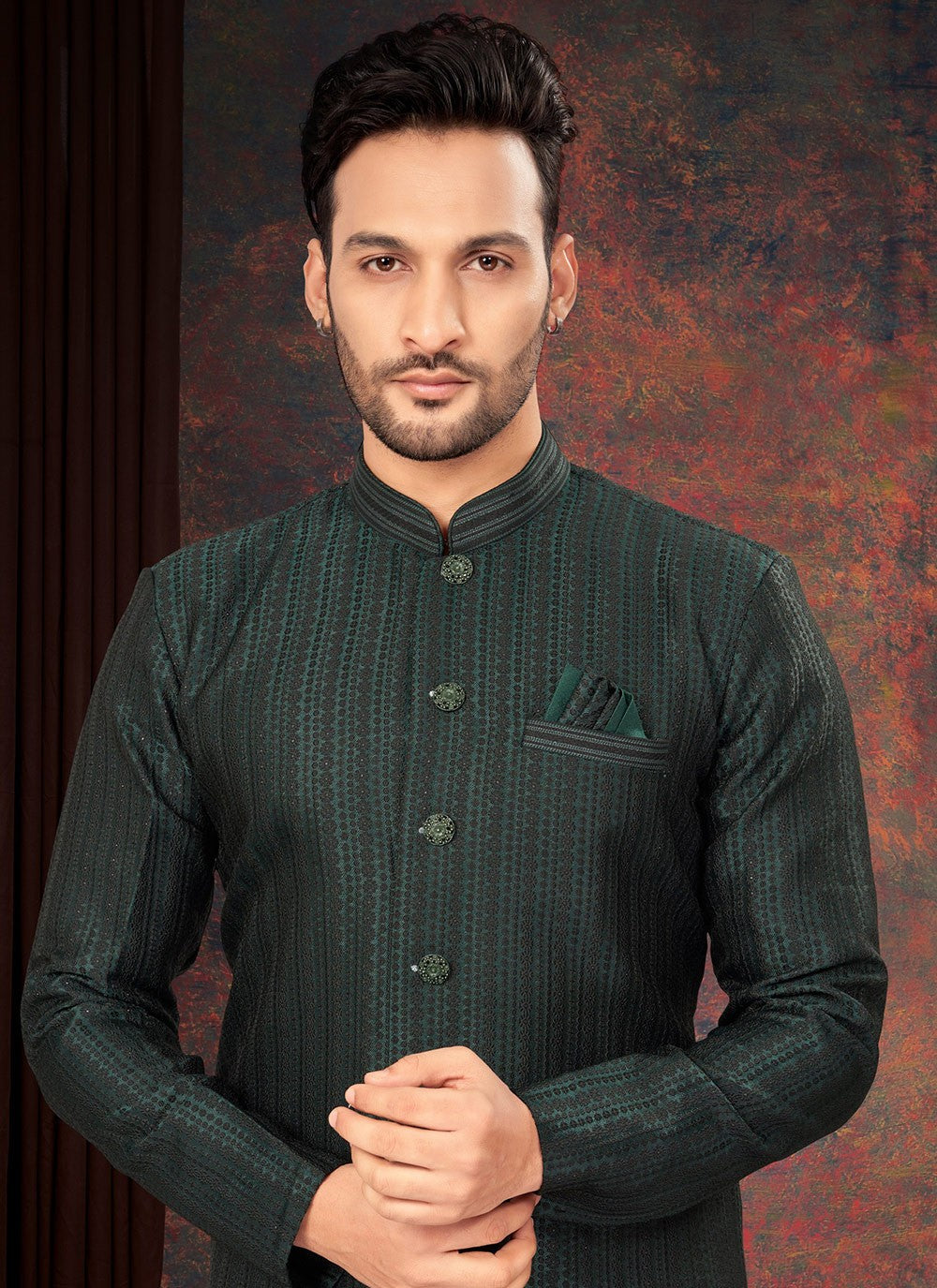 Embroidered Jacquard Green Indo Western - M7196