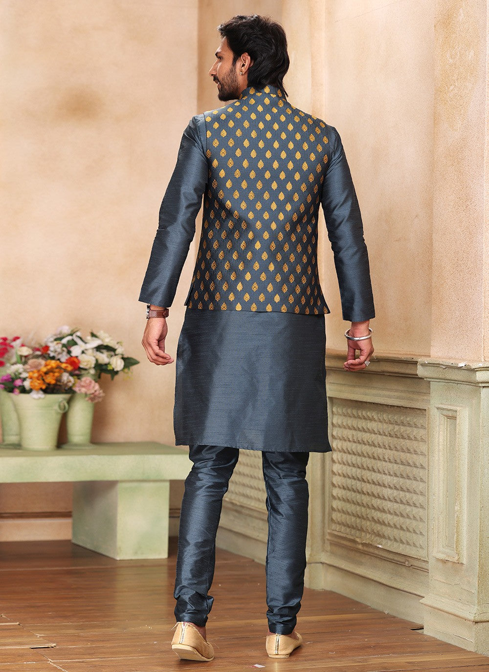 Fancy Work Banarasi Silk, Jacquard Grey Kurta Payjama With Jacket - M5372
