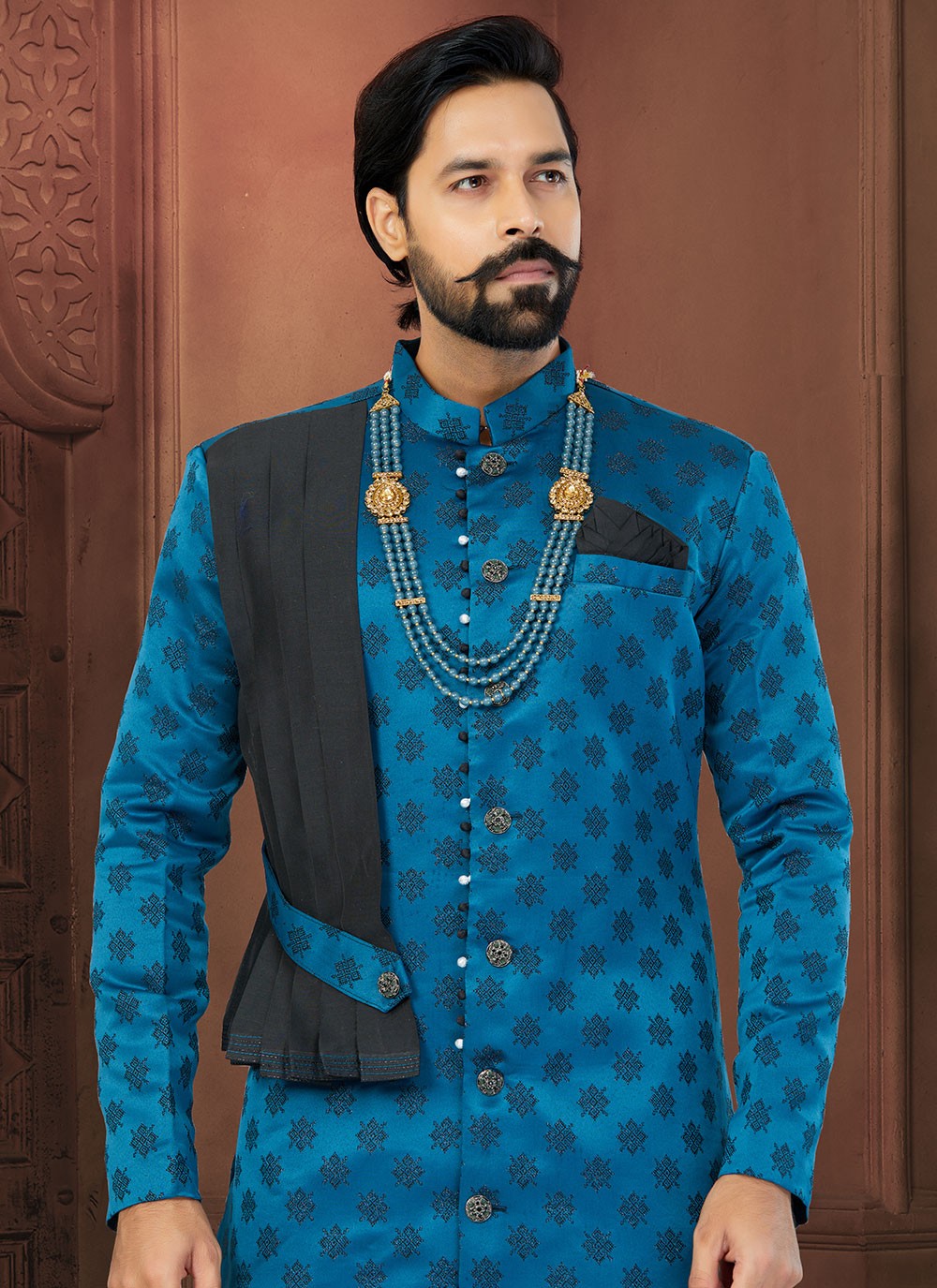 Fancy Work Jacquard Blue Indo Western Sherwani - M5811