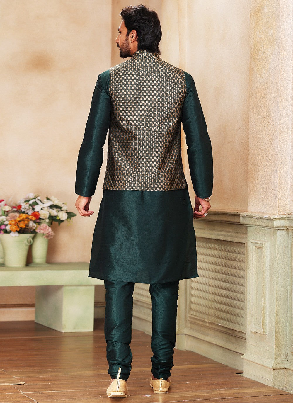 Fancy Work Banarasi Silk, Jacquard Green Kurta Payjama With Jacket - M5362