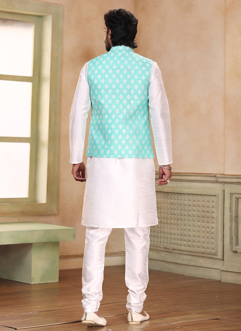 Fancy Work Banarasi Silk, Jacquard Green, Off White Kurta Payjama With Jacket - M5356