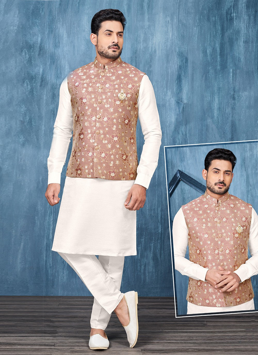 Fancy Work Jacquard Maroon, White Kurta Payjama With Jacket - M6315