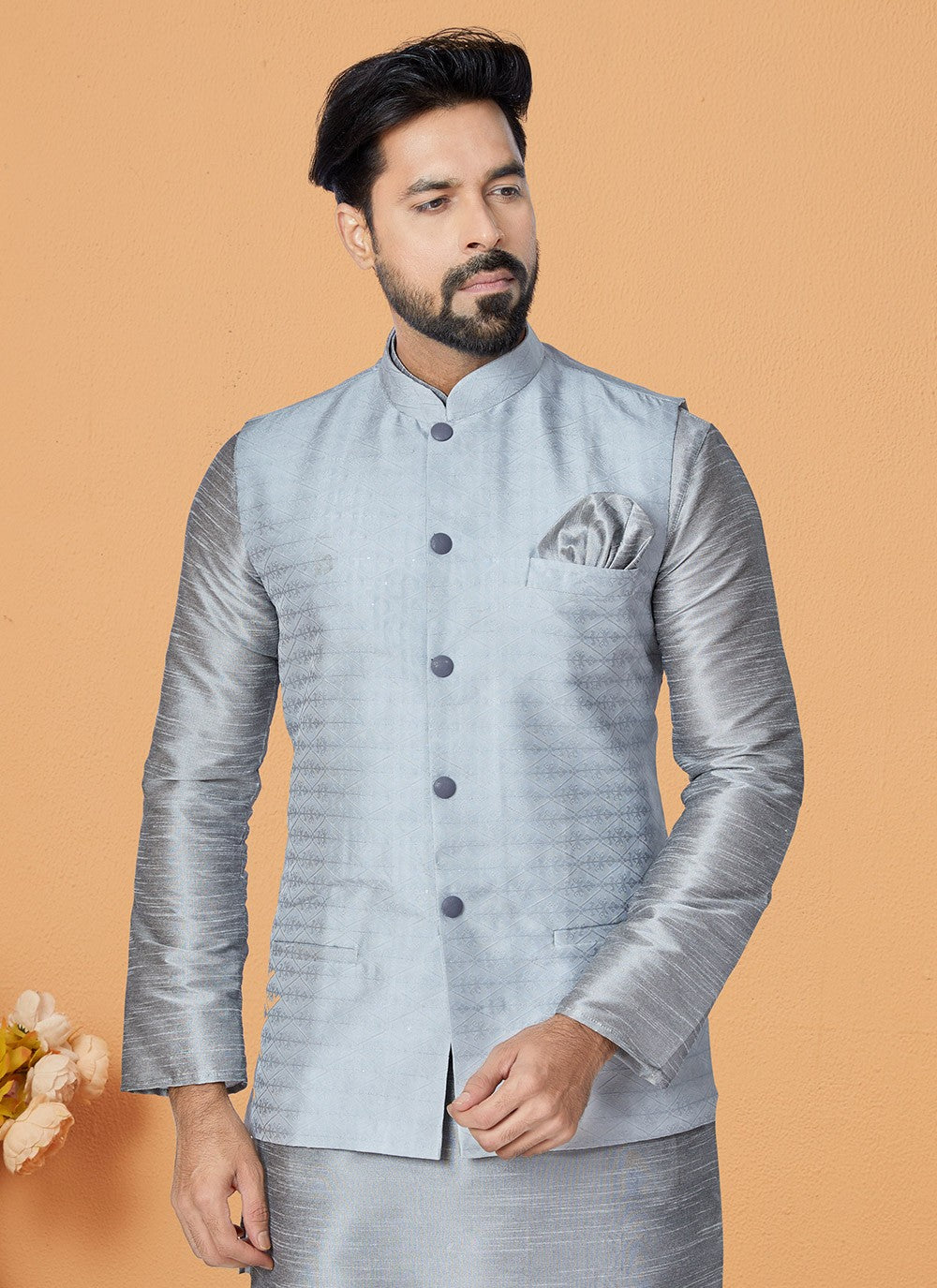 Fancy Work Jacquard Silver Kurta Payjama With Jacket - M5514