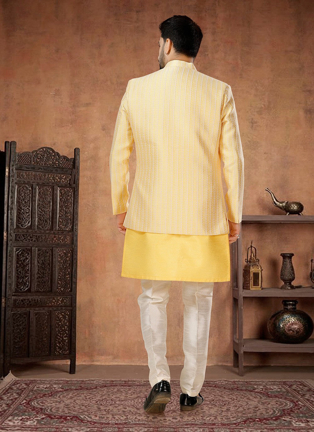 Embroidered Jacquard, Silk Yellow Indo Western - M7039