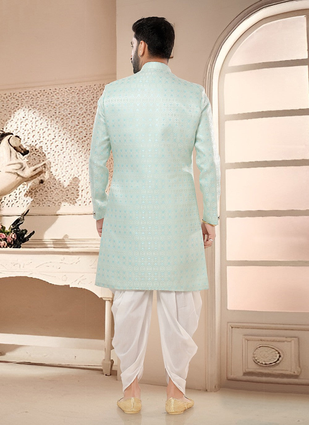 Woven Jacquard Green Sherwani - M7574