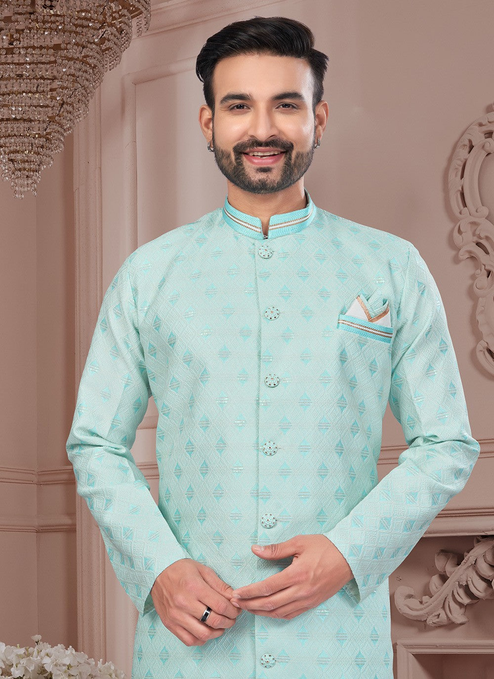 Sequins Jacquard Aqua Blue Indo Western - M8650