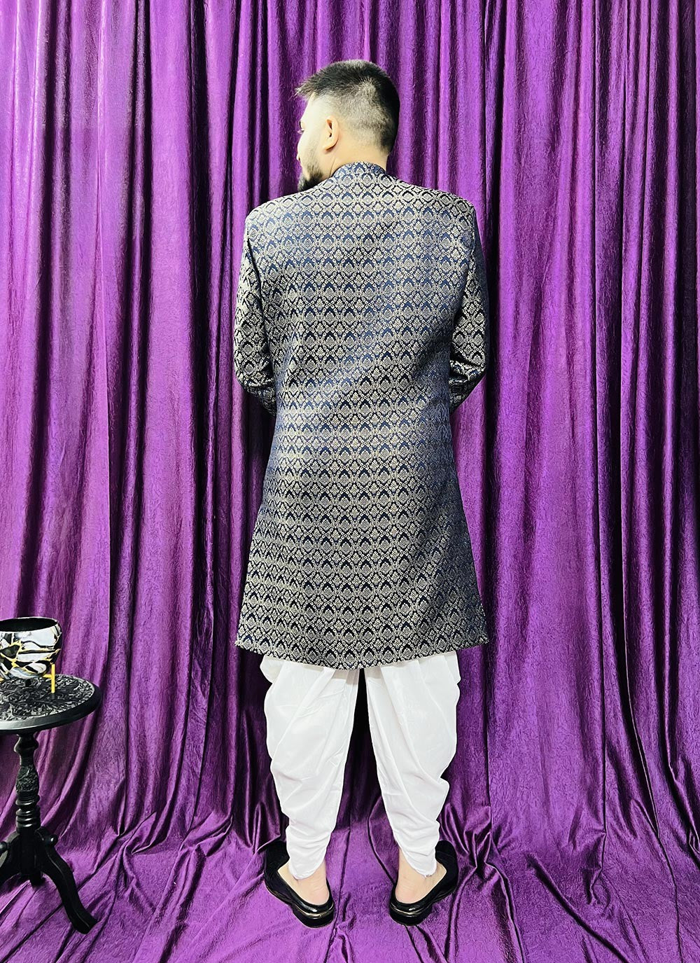Fancy Work Jacquard Navy Blue Indo Western - M5699