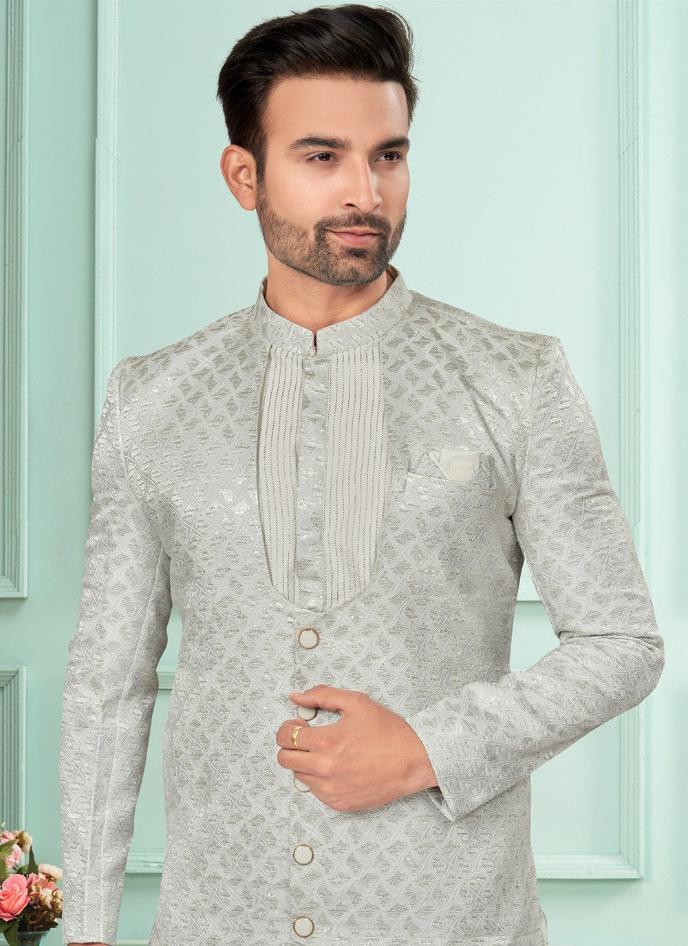 Fancy Work Jacquard Silver Indo Western - M7264