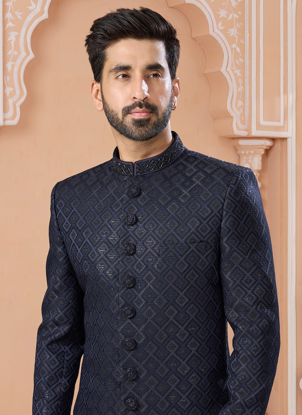 Embroidered Jacquard Navy Blue Indo Western Sherwani - M7143