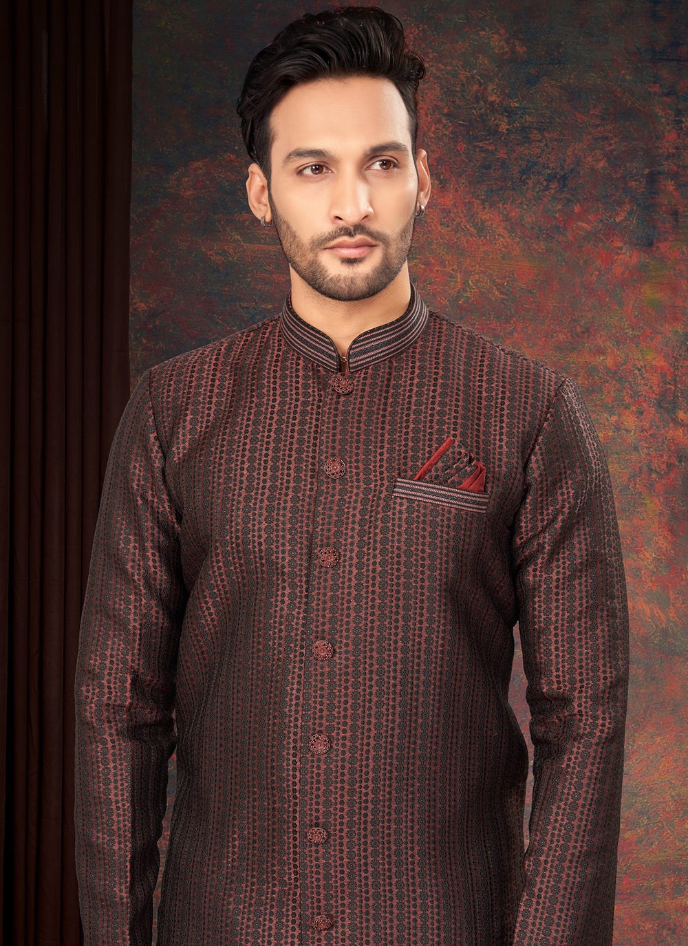 Fancy Work Jacquard Maroon Indo Western - M7193