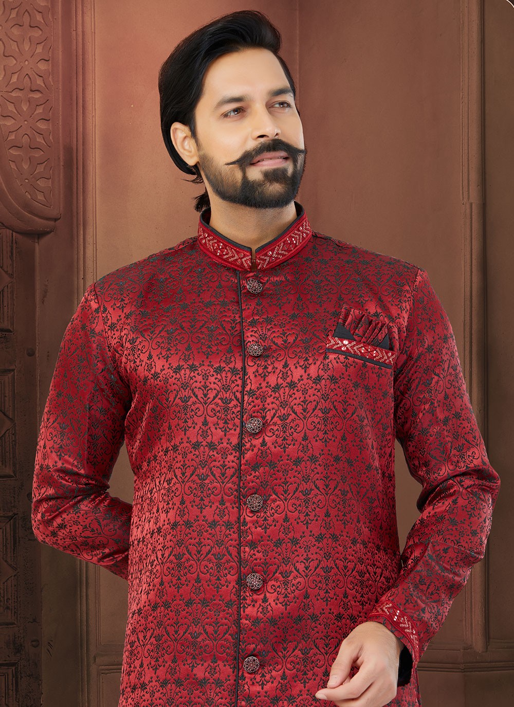 Fancy Work Jacquard Maroon Indo Western Sherwani - M5805