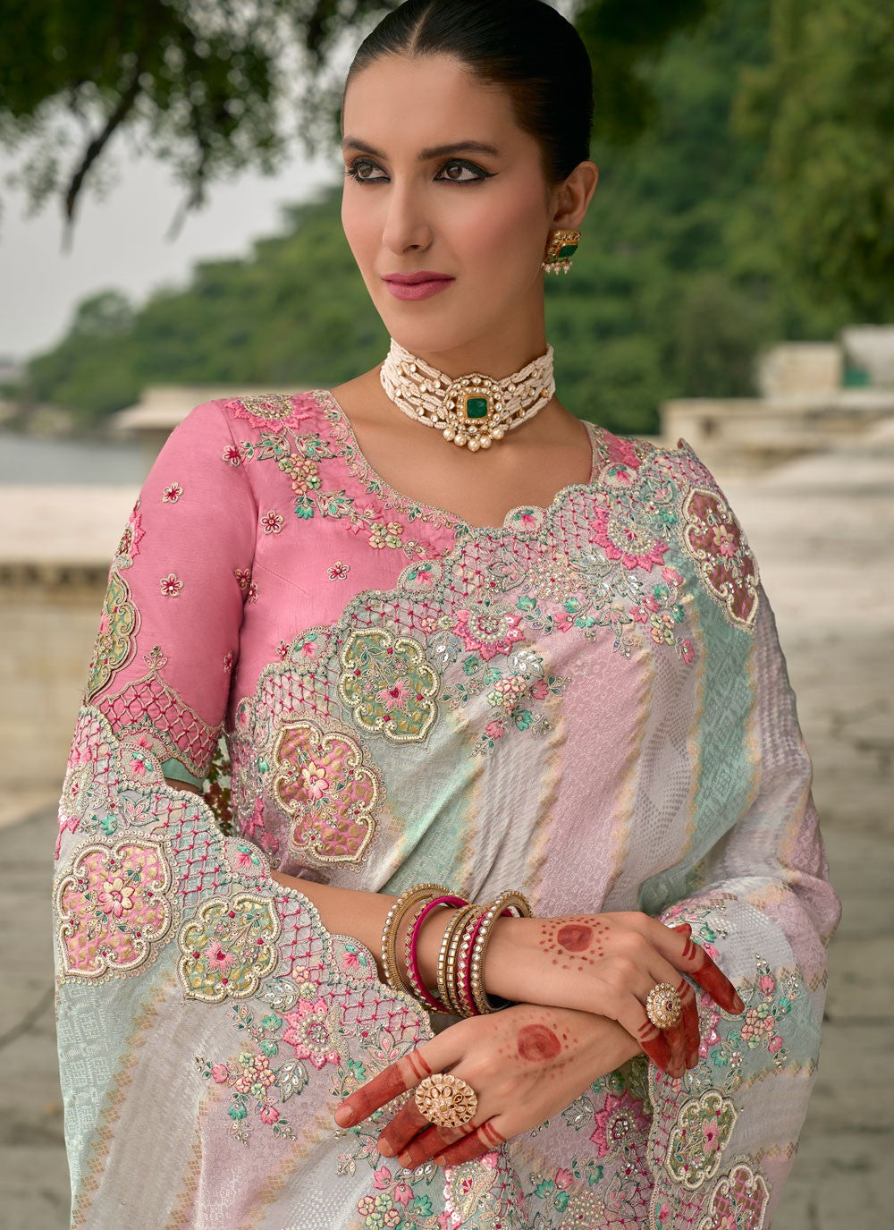 Embroidered Jacquard Multi Colour Saree S14814