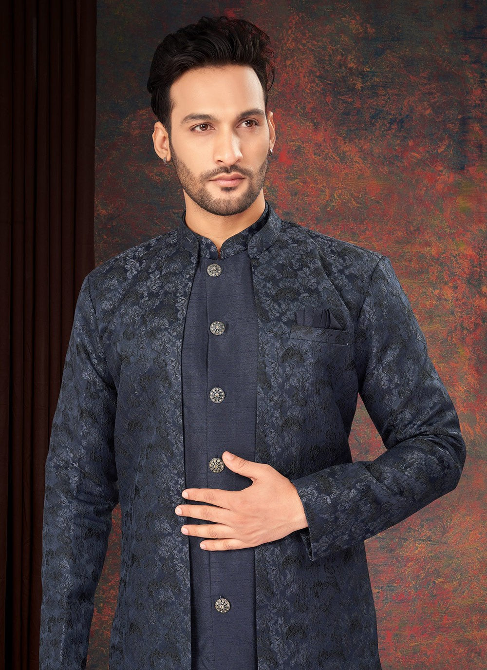 Fancy Work Jacquard Navy Blue Indo Western - M7195