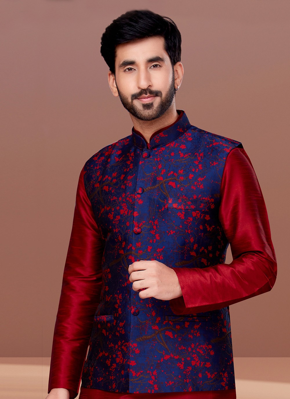 Jacquard Work Jacquard Navy Blue Nehru Jackets - M7365
