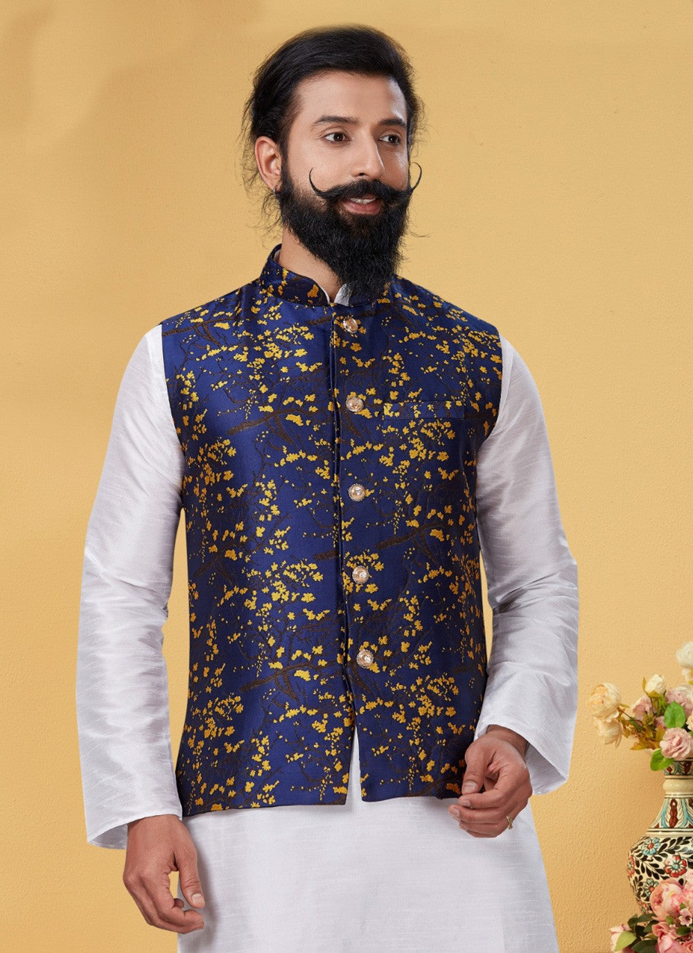 Jacquard Work Jacquard Navy Blue Nehru Jackets - M7368