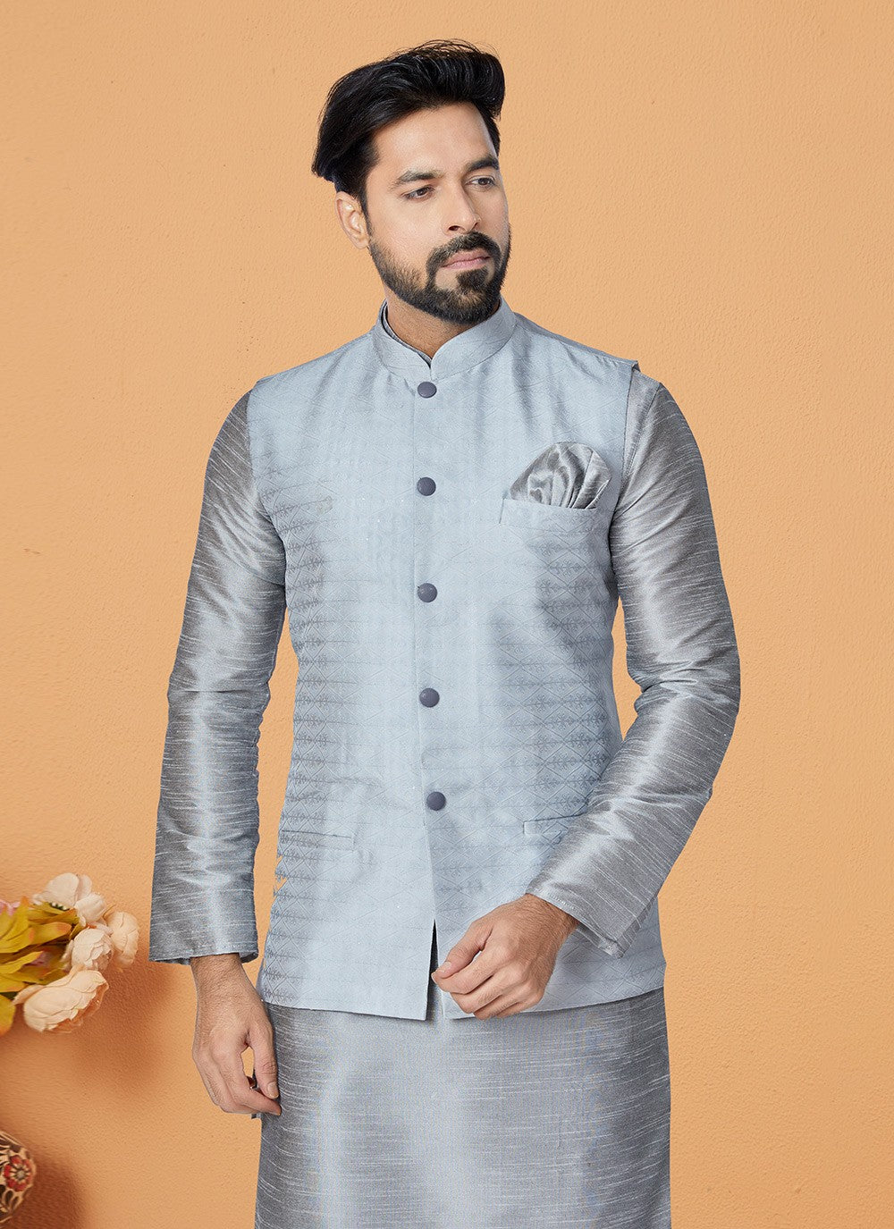 Plain Jacquard Grey Nehru Jackets - M7507