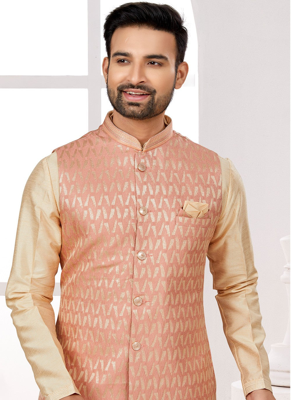 Thread Jacquard Peach Kurta Payjama With Jacket - M6705