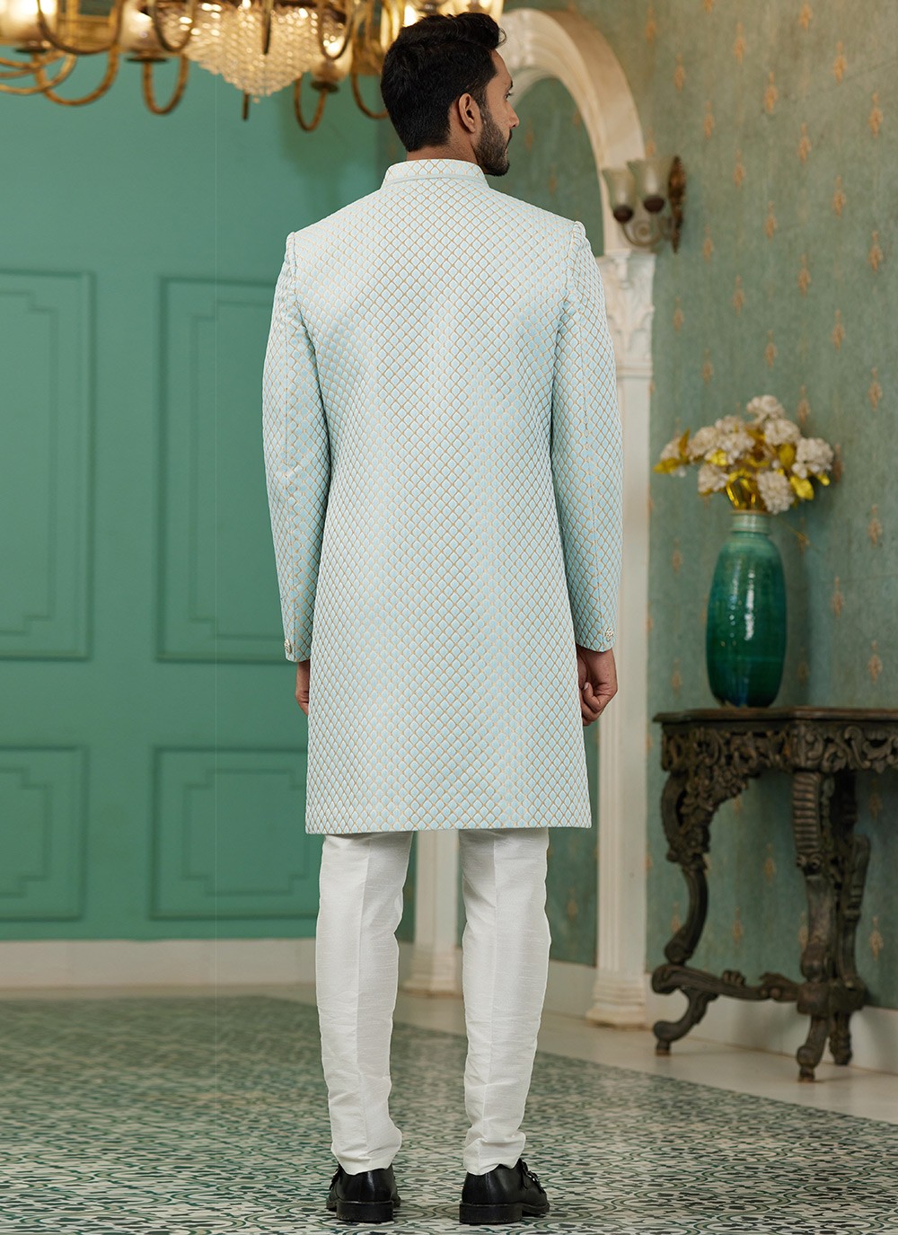 Fancy Work Jacquard Silk Aqua Blue Indo Western - M6445