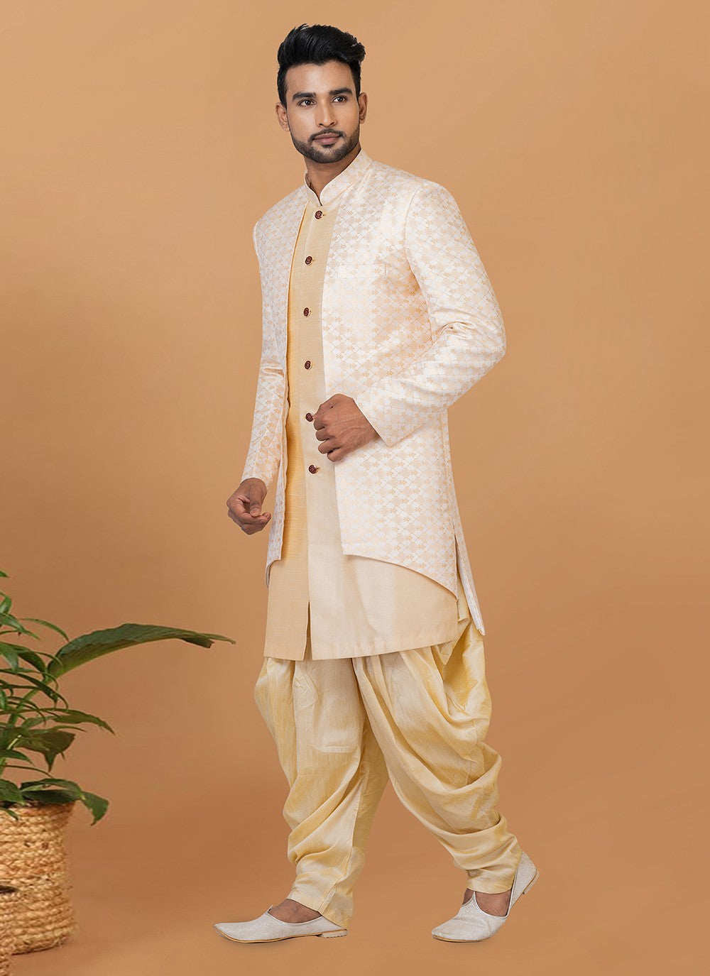 Fancy Work Dupion Silk, Jacquard Silk Cream, Off White Indo Western Sherwani - M5984