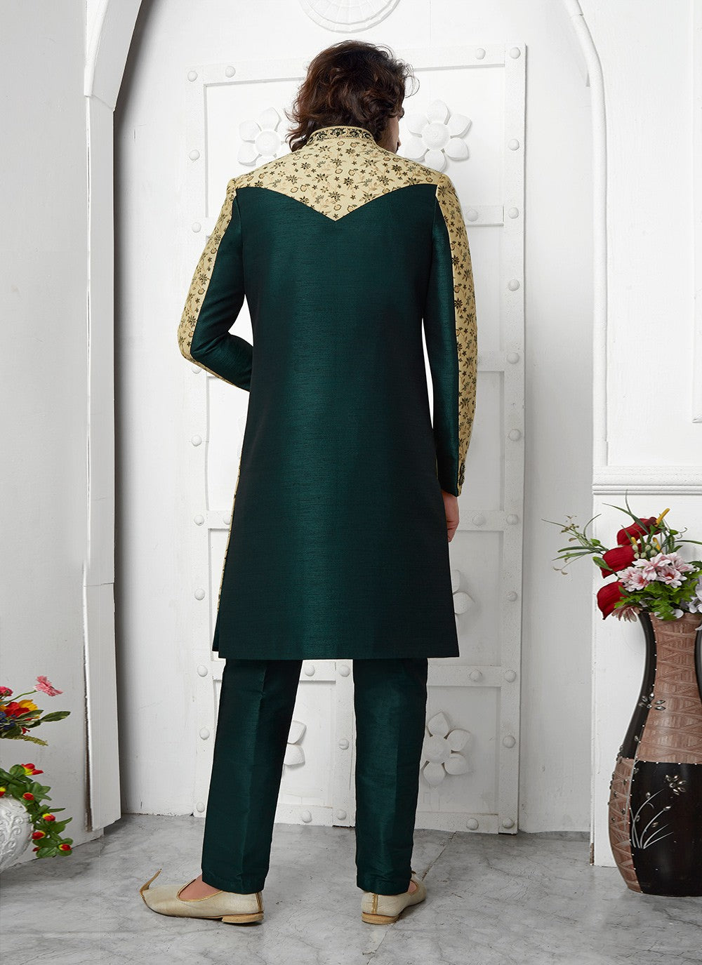 Embroidered Jacquard Silk Beige, Green Indo Western - M6621