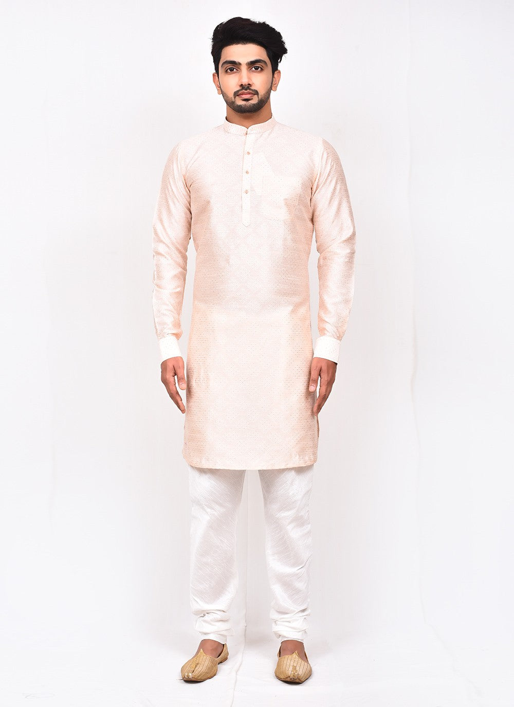 Fancy Work Jacquard Silk Cream Kurta Pyjama - M3260