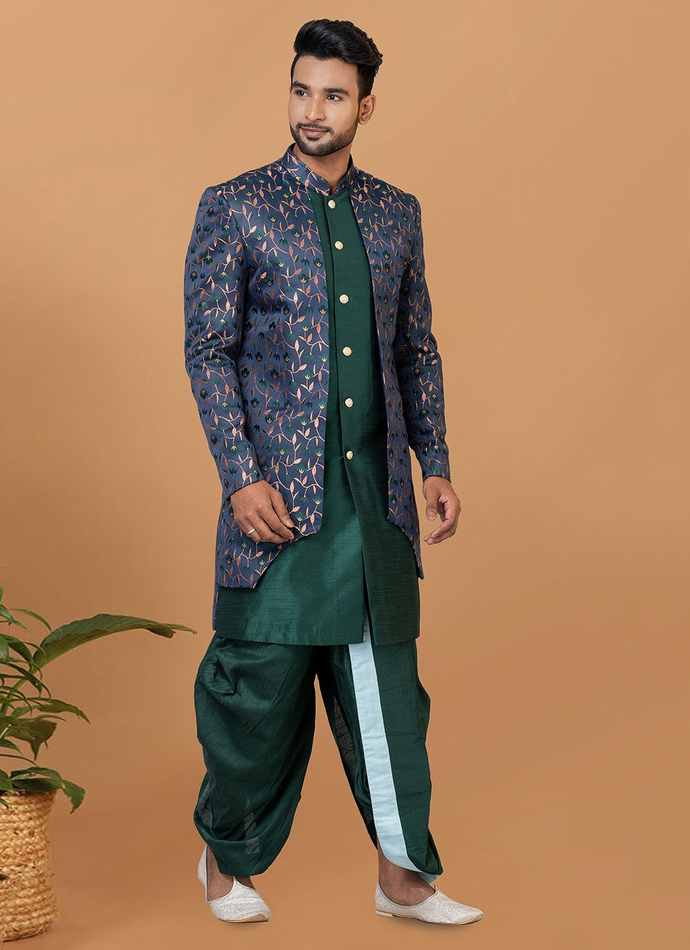Fancy Work Dupion Silk, Jacquard Silk Blue, Green Indo Western - M5991