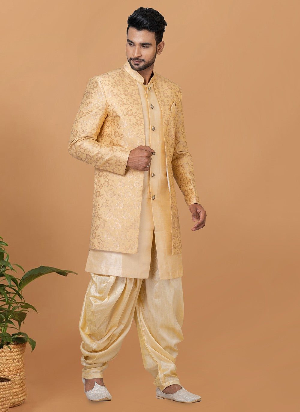 Fancy Work Dupion Silk, Jacquard Silk Beige, Cream Indo Western Sherwani - M5985