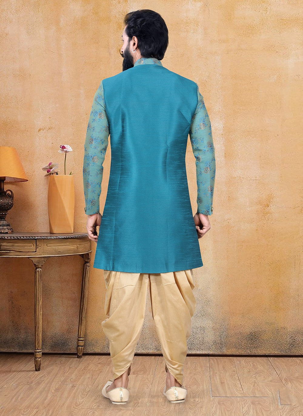 Fancy Work Jacquard Silk Firozi Jacket Style - M3366