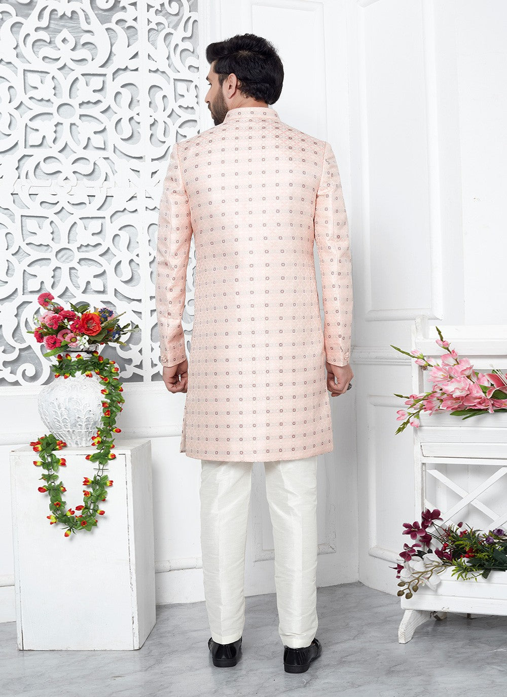 Fancy Work Jacquard Silk Pink Indo Western - M6627