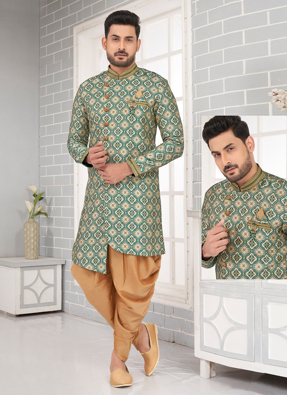 Fancy Work Brocade, Jacquard Silk Green Indo Western - M6461