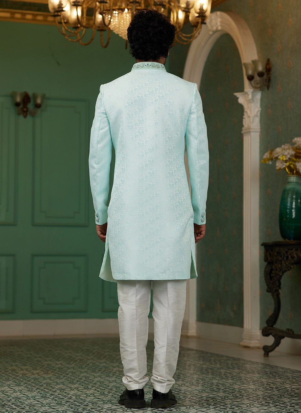 Hand Embroidery Imported, Jacquard Silk Firozi Indo Western - M6439