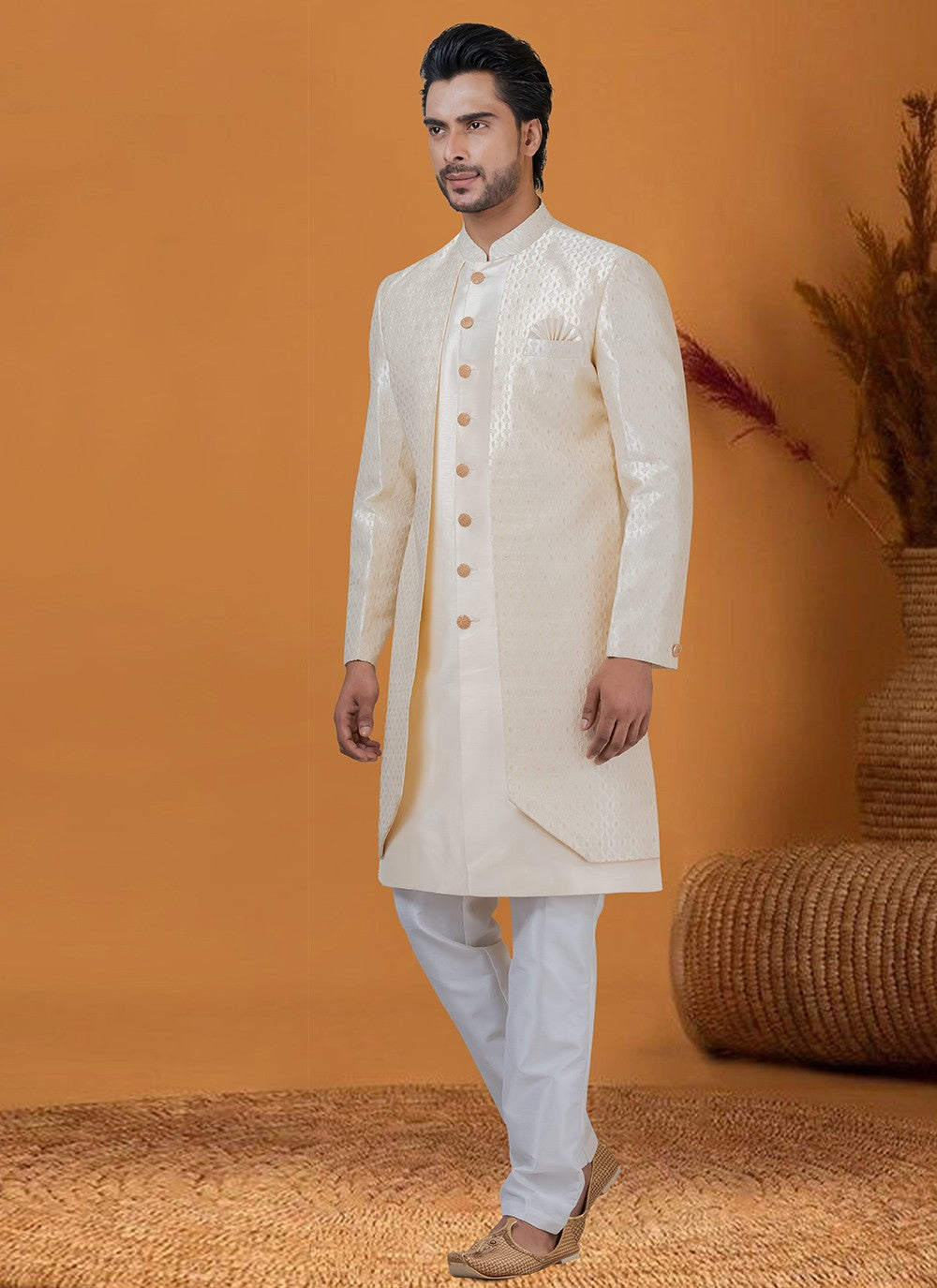 Jacquard Work Jacquard Silk Cream Indo Western - M8368