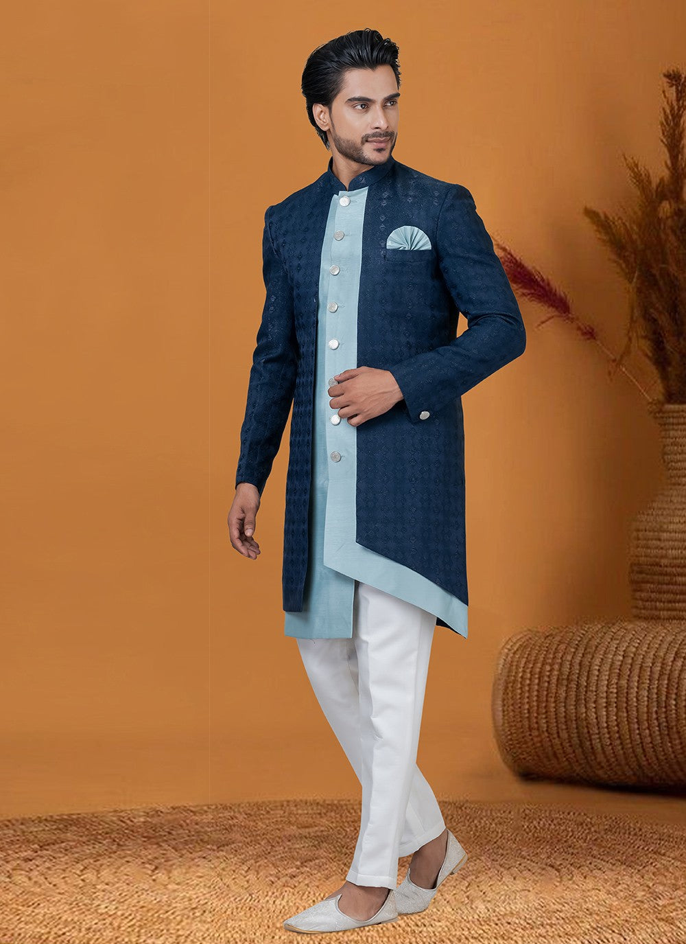 Jacquard Work Jacquard Silk Navy Blue Indo Western - M8407